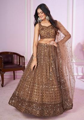 Brown Thread Sequin Embroidered Soft Net Lehenga Set