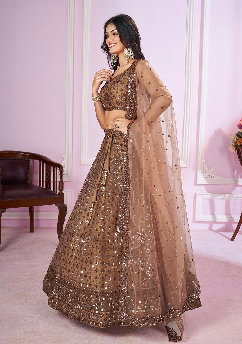 Brown Thread Sequin Embroidered Soft Net Lehenga Set