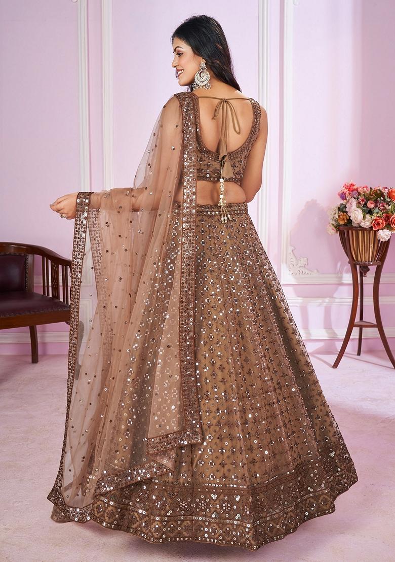 Brown Thread Sequin Embroidered Soft Net Lehenga Set