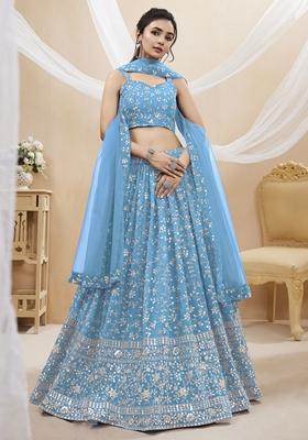 Sky Blue Zari Embroidered Georgette Lehenga Set