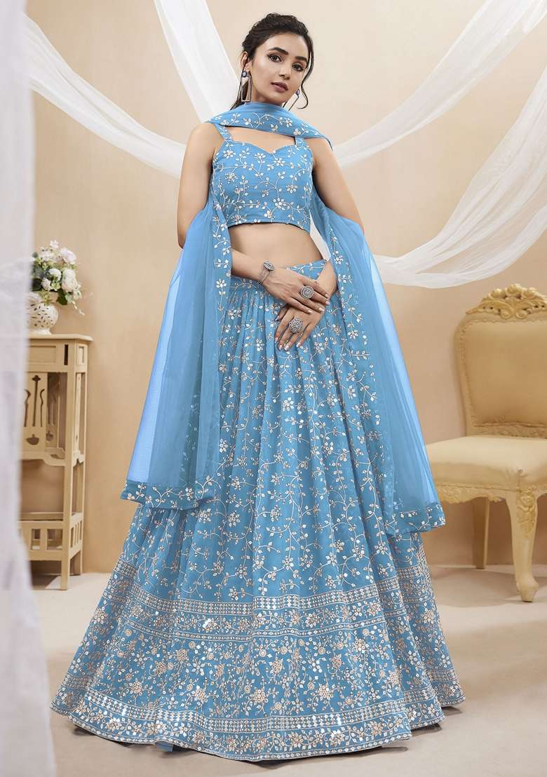 Sky Blue Zari Embroidered Georgette Lehenga Set - Indya