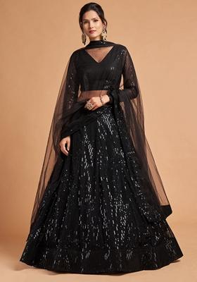 Black Zari And Sequin Embroidered Soft Net Lehenga Set
