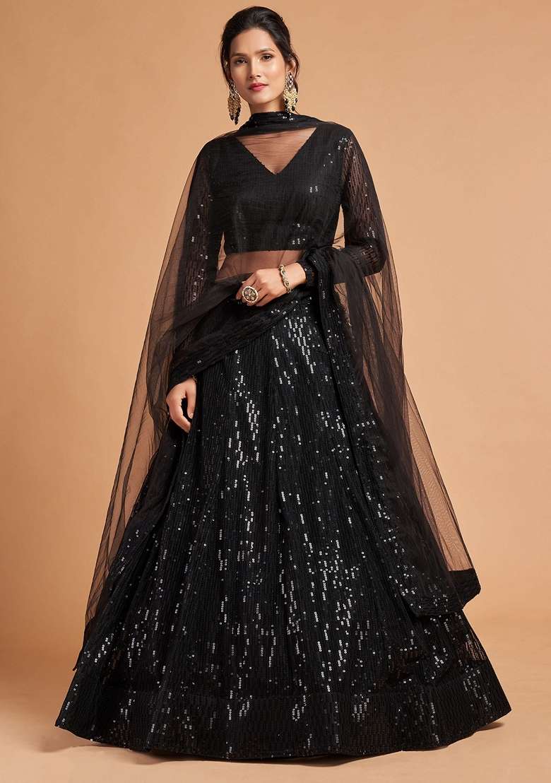 Black Zari And Sequin Embroidered Soft Net Lehenga Set - Indya