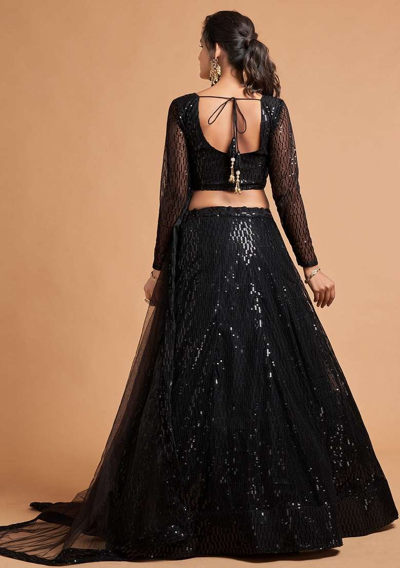 Black Zari And Sequin Embroidered Soft Net Lehenga Set - Indya