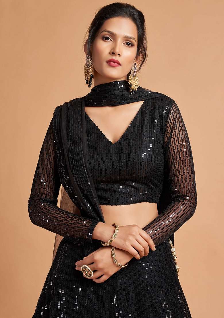 Black Zari And Sequin Embroidered Soft Net Lehenga Set - Indya