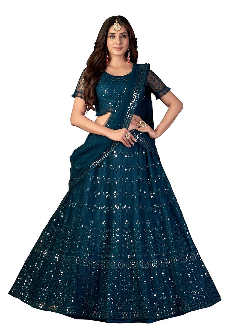 Teal Blue Embroidered Net Lehenga Set