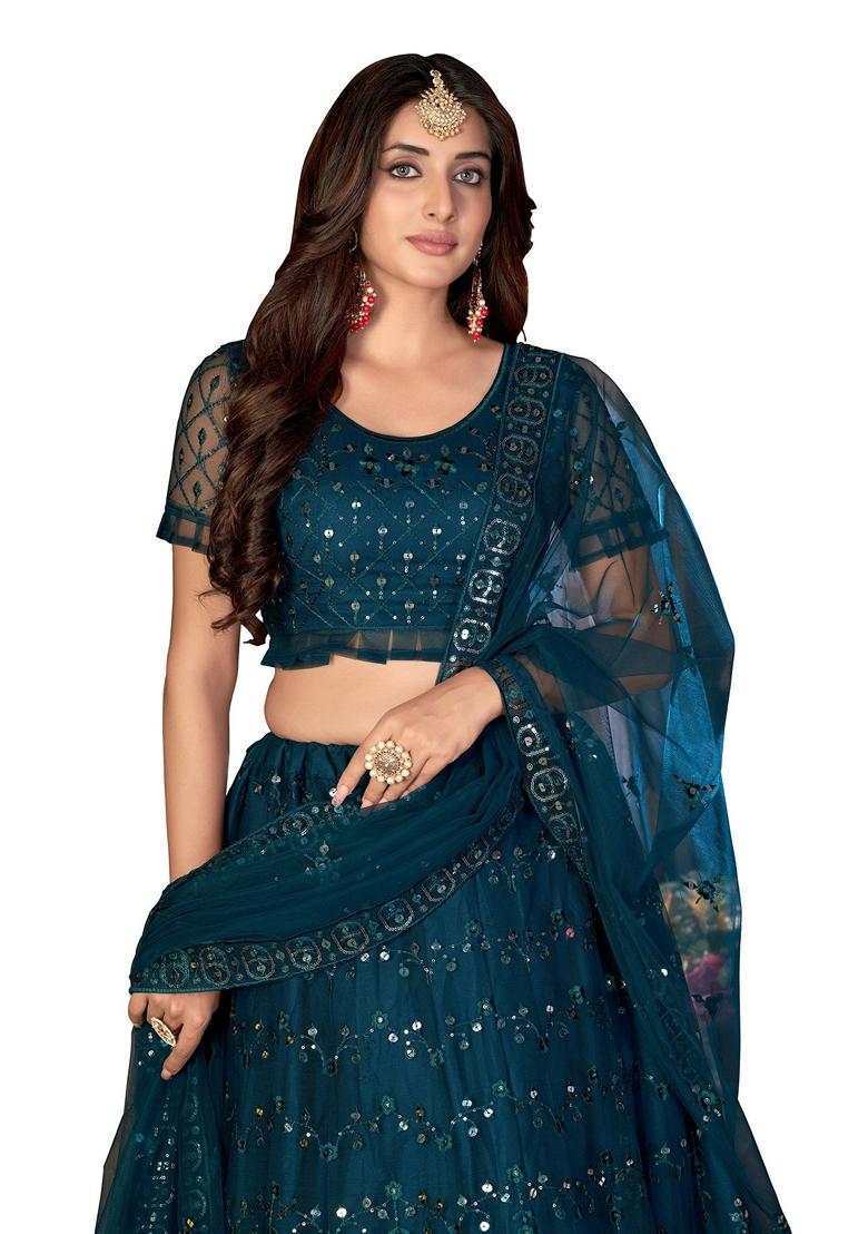 Teal Blue Embroidered Net Lehenga Set