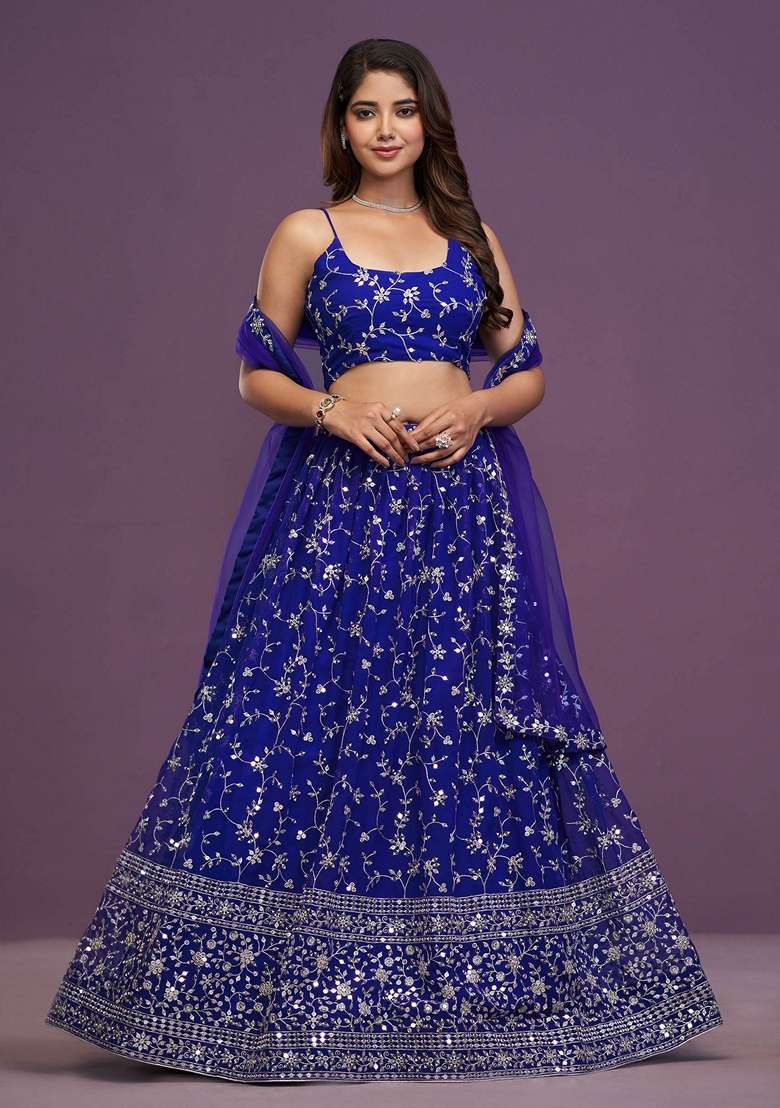 Royal Blue Zari Sequin Embroidered Georgette Lehenga Set - Indya