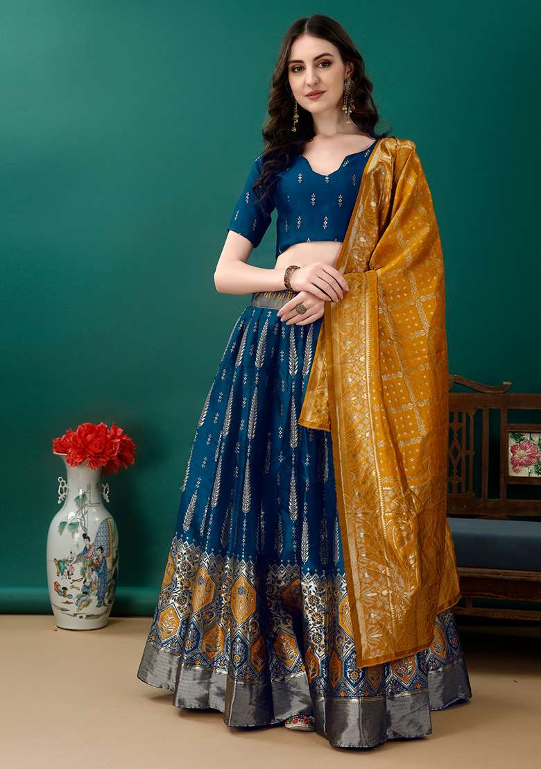 Morpich Embroidered Soft Silk Jacquard Lehenga Set - Indya