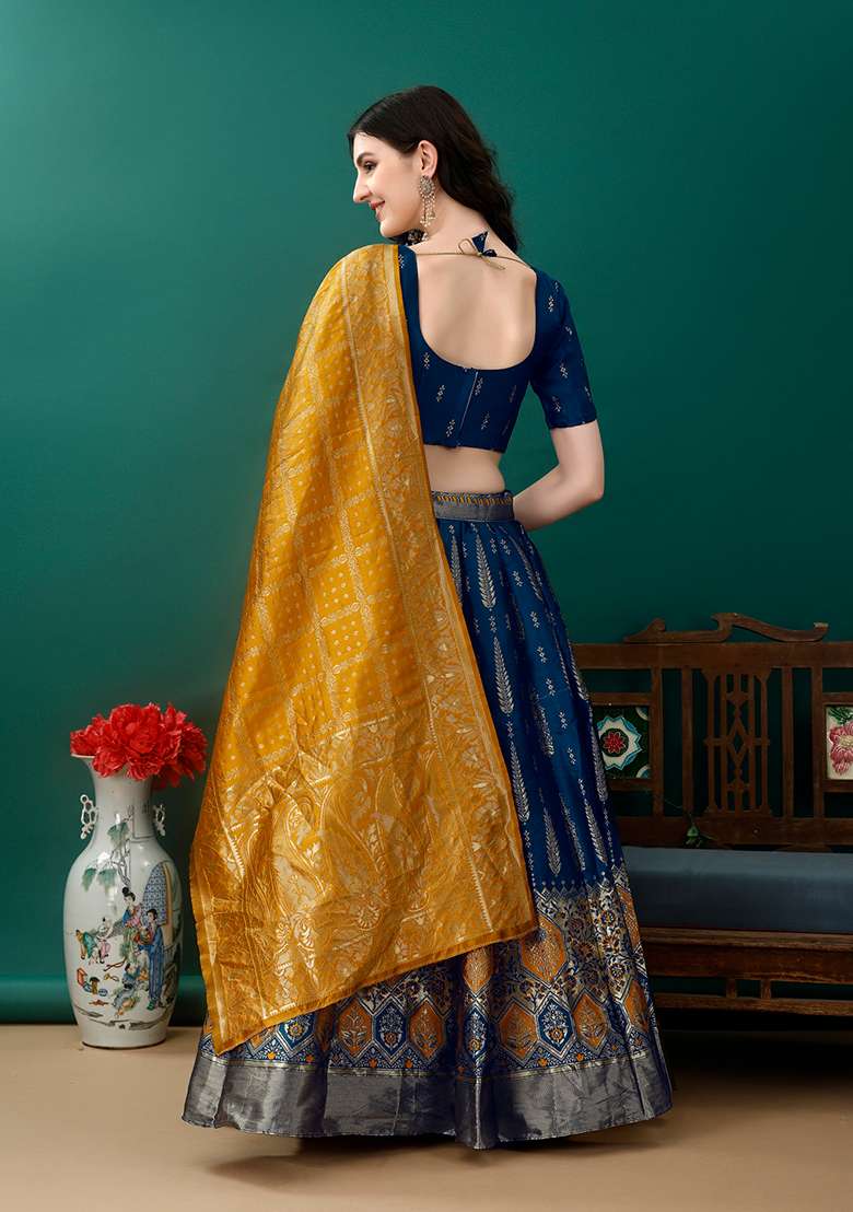 Morpich Embroidered Soft Silk Jacquard Lehenga Set - Indya