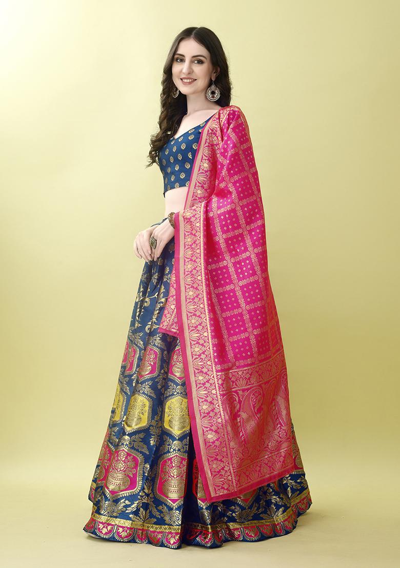 Morpich Embroidered Soft Silk Jacquard Lehenga Set