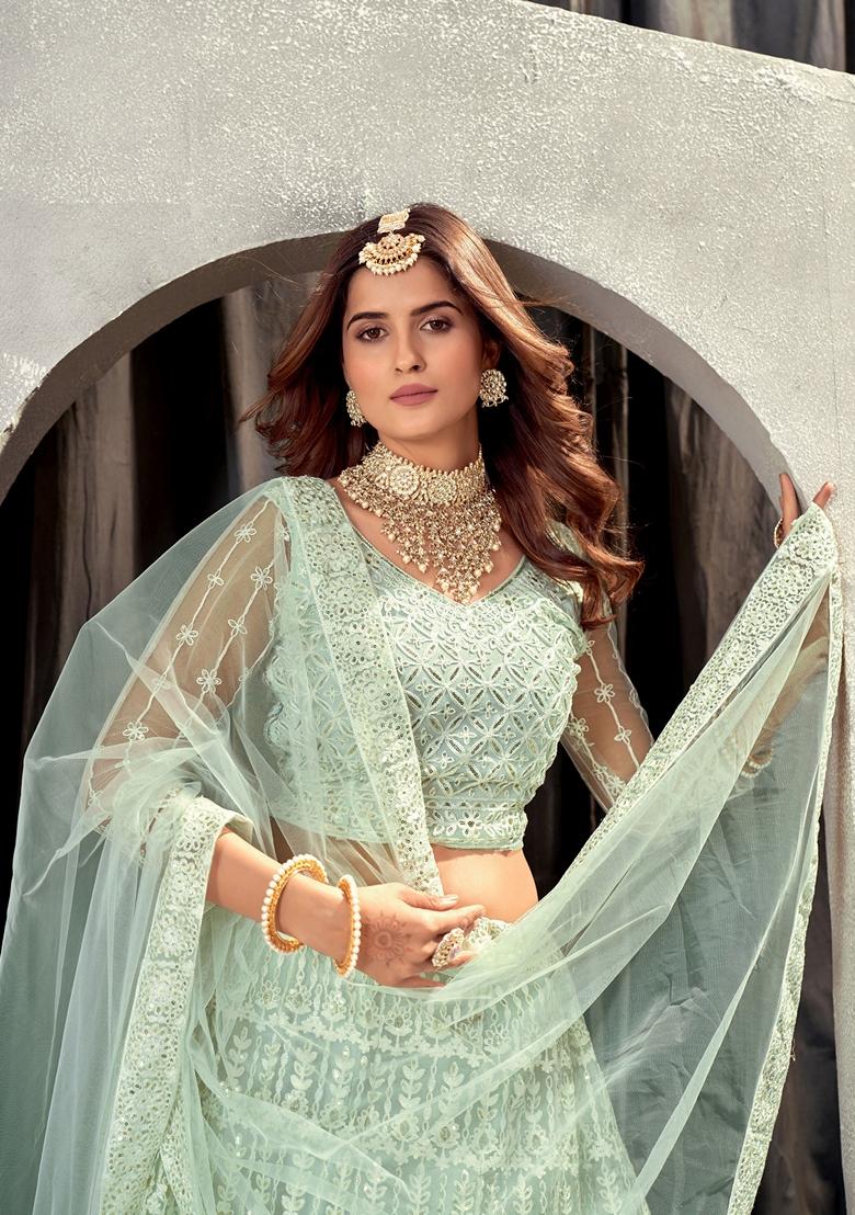 Light Pista Sequin Embroidered Net Lehenga Set