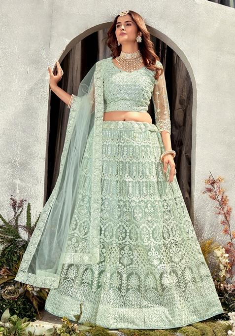 Light Pista Sequin Embroidered Net Lehenga Set
