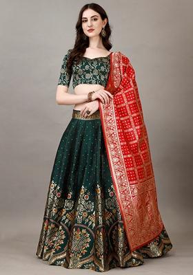 Green Embroidered Soft Silk Jacquard Lehenga Set
