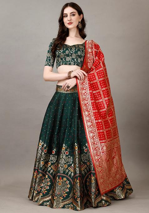 Green Embroidered Soft Silk Jacquard Lehenga Set