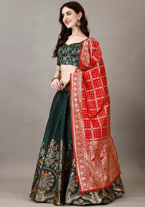Green Embroidered Soft Silk Jacquard Lehenga Set