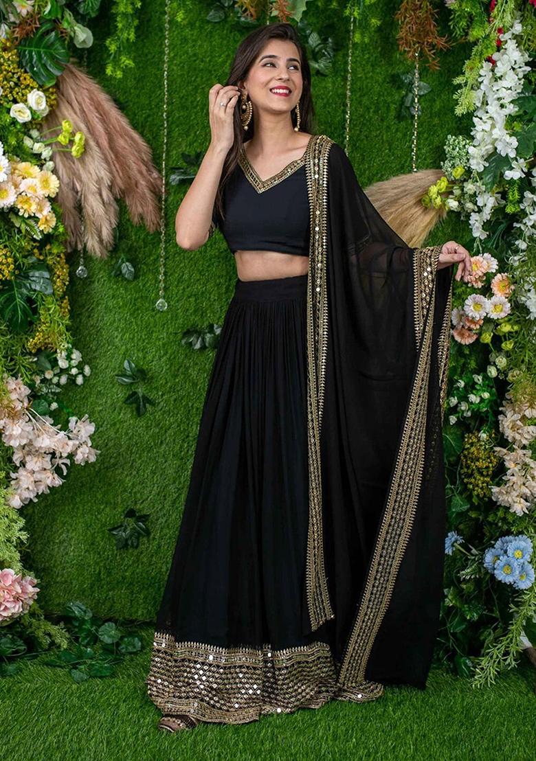 Black Sequin Embroidered Faux Georgette Lehenga Set