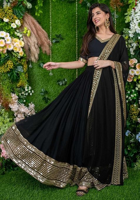 Black Sequin Embroidered Faux Georgette Lehenga Set