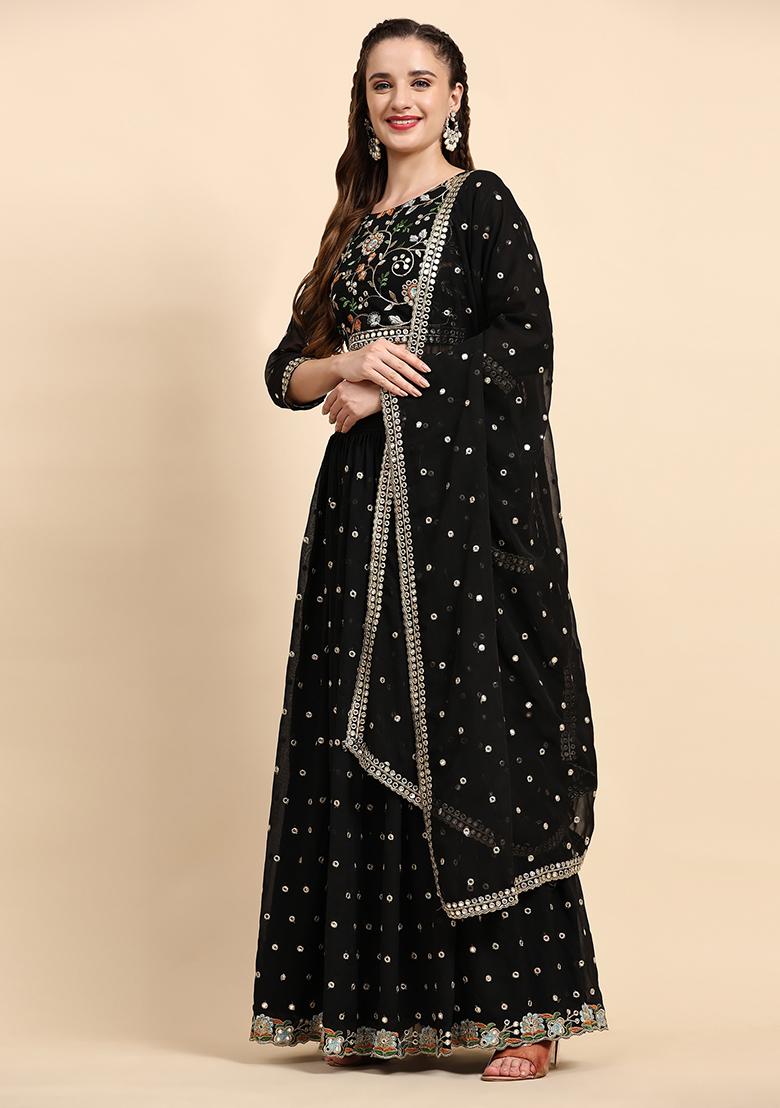 Black Sequin Embroidered Faux Georgette Lehenga Set