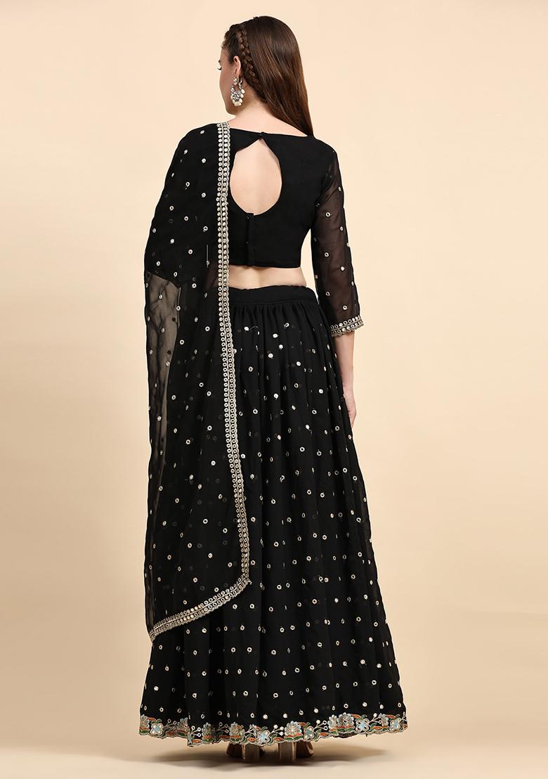 Black Sequin Embroidered Faux Georgette Lehenga Set