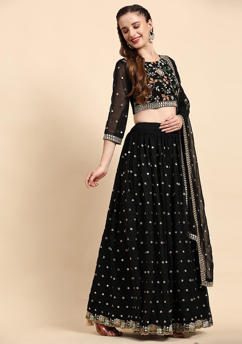Black Sequin Embroidered Faux Georgette Lehenga Set