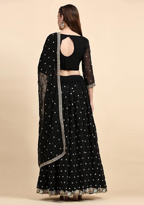 Black Sequin Embroidered Faux Georgette Lehenga Set
