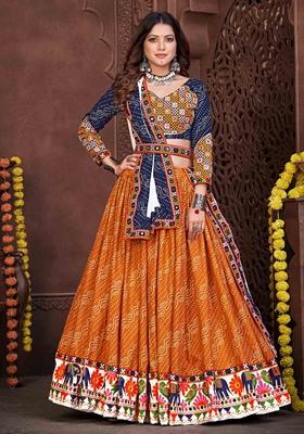 Mustard Embroidered Cotton Silk Lehenga Set