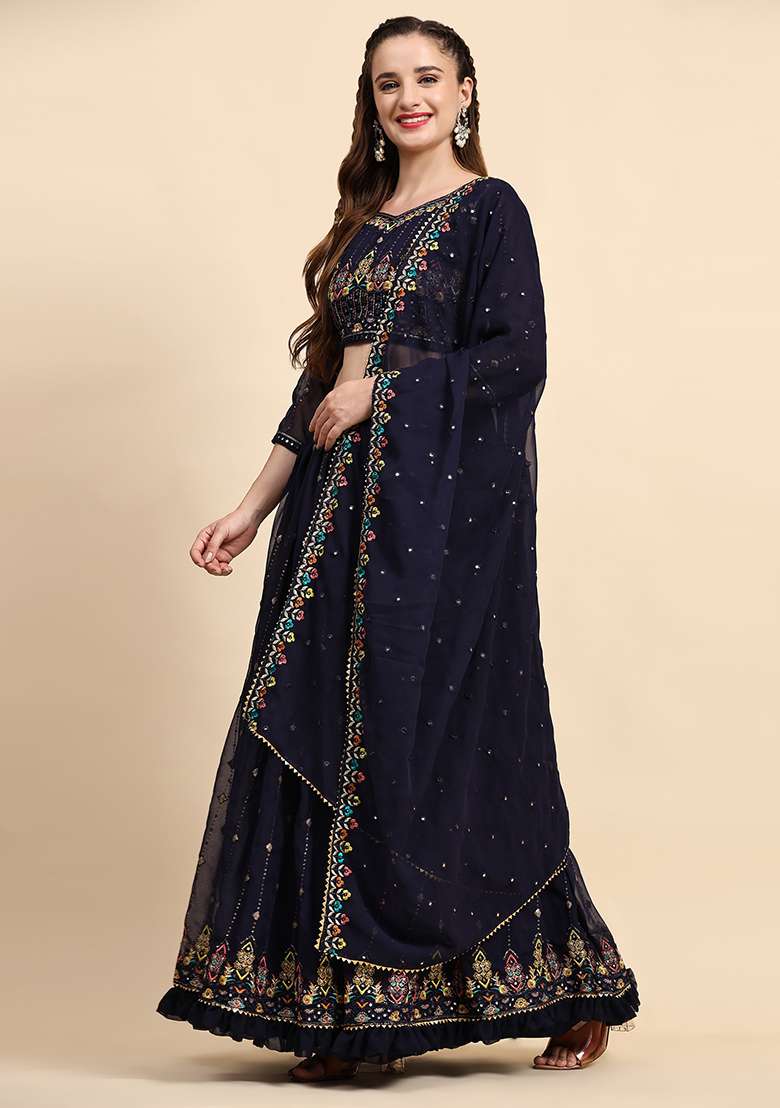 Blue Sequin Embroidered Faux Georgette Lehenga Set - Indya