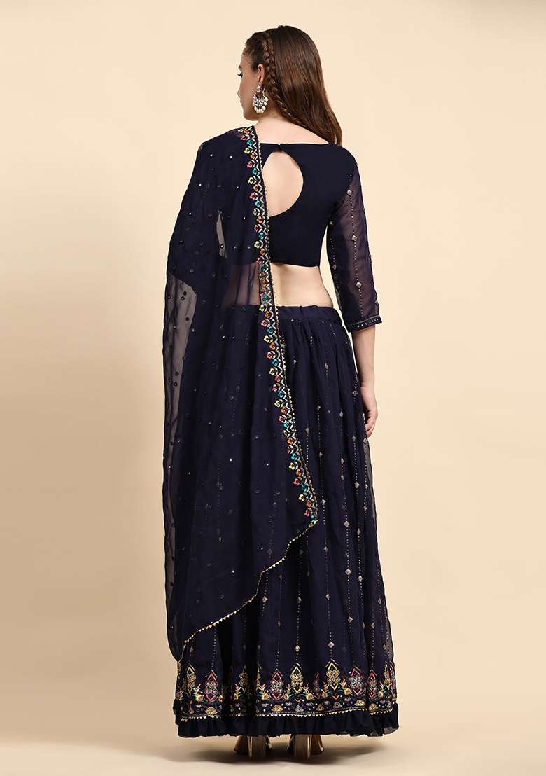 Blue Sequin Embroidered Faux Georgette Lehenga Set - Indya