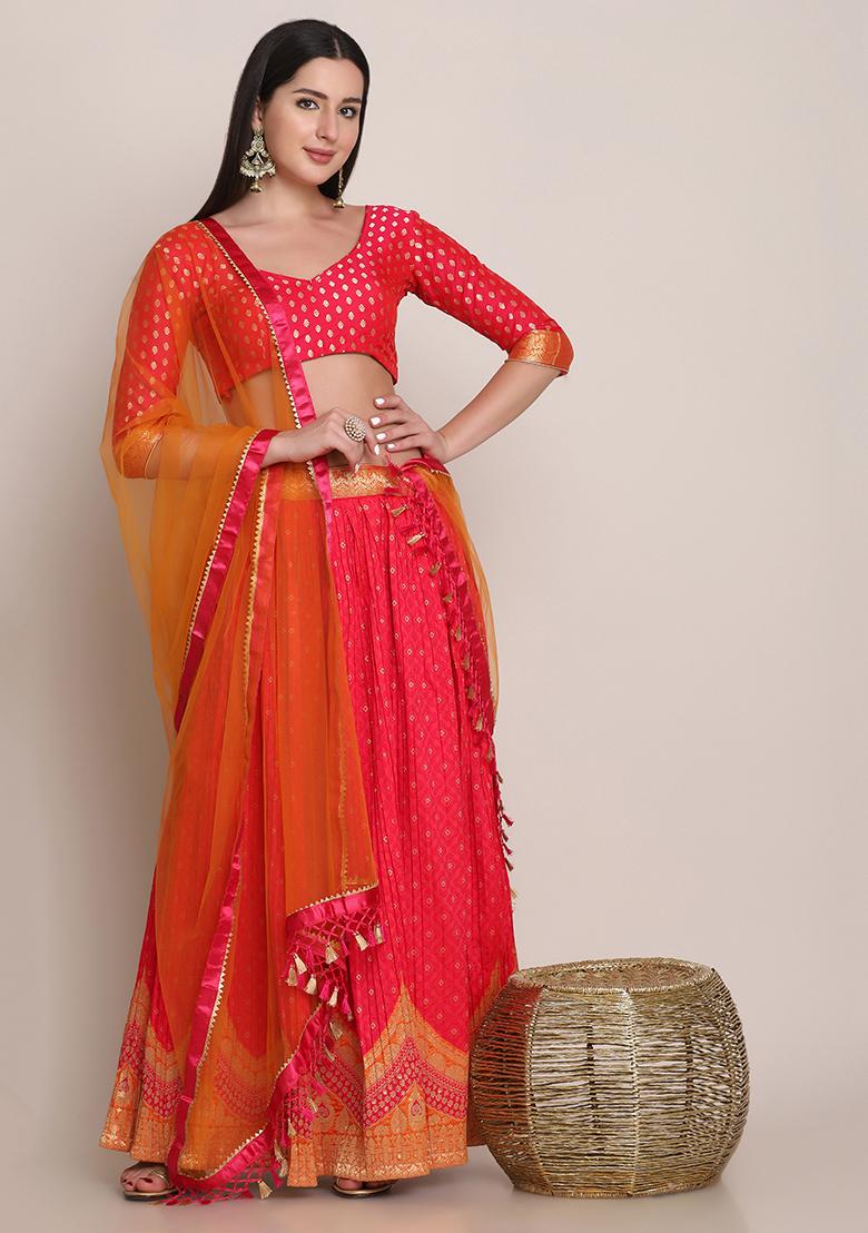Pink Zari Woven Silk Blend Lehenga Set
