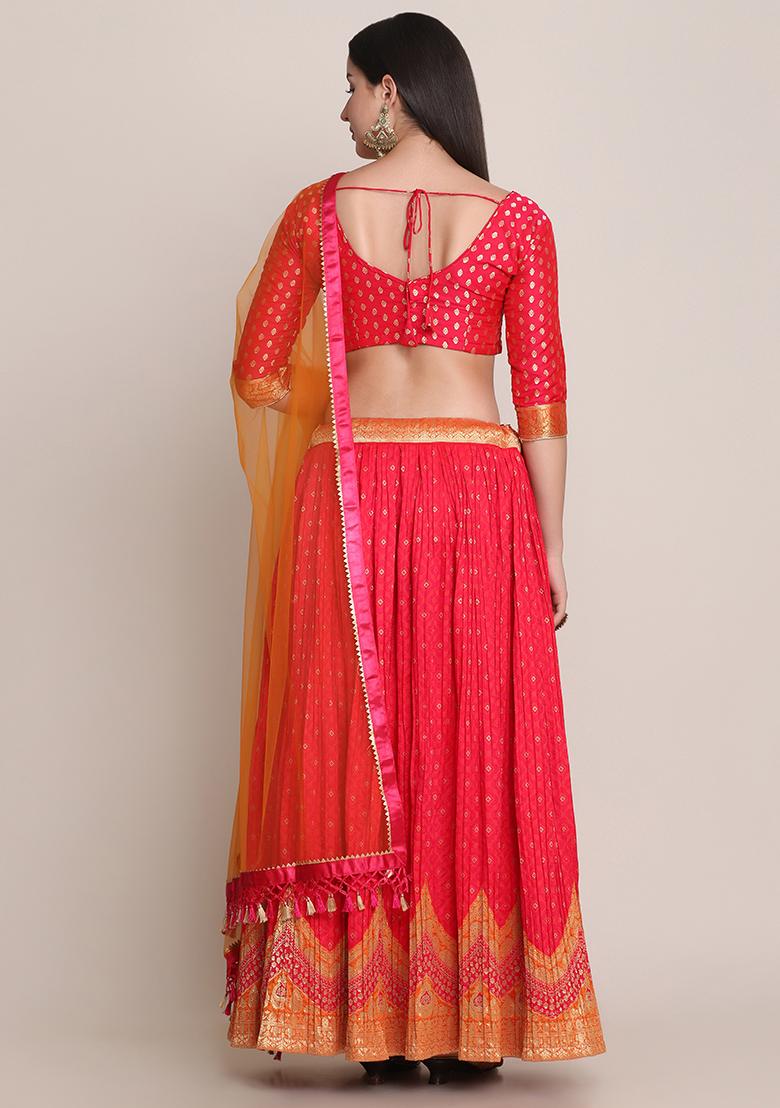 Pink Zari Woven Silk Blend Lehenga Set