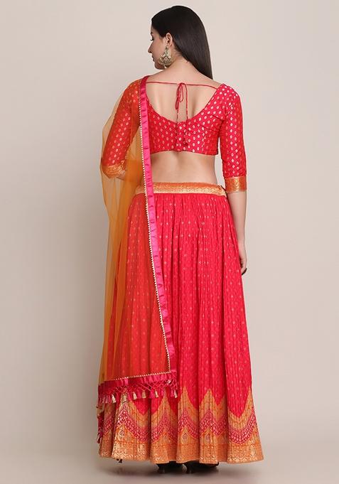 Pink Zari Woven Silk Blend Lehenga Set