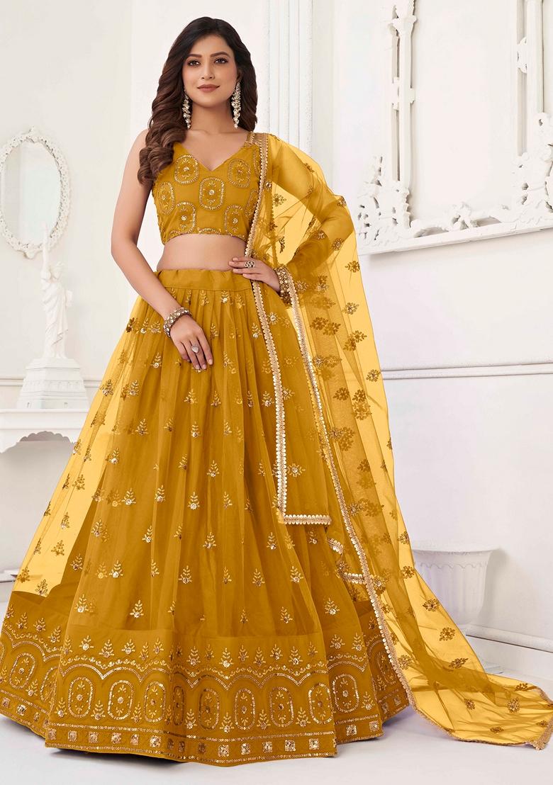 Mustard Yellow Sequin Thread Embroidered Net Lehenga Set