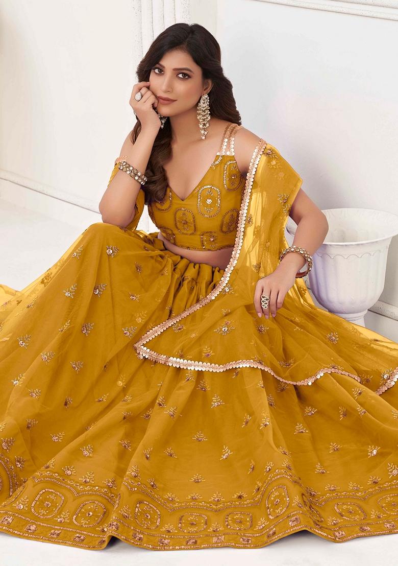 Mustard Yellow Sequin Thread Embroidered Net Lehenga Set