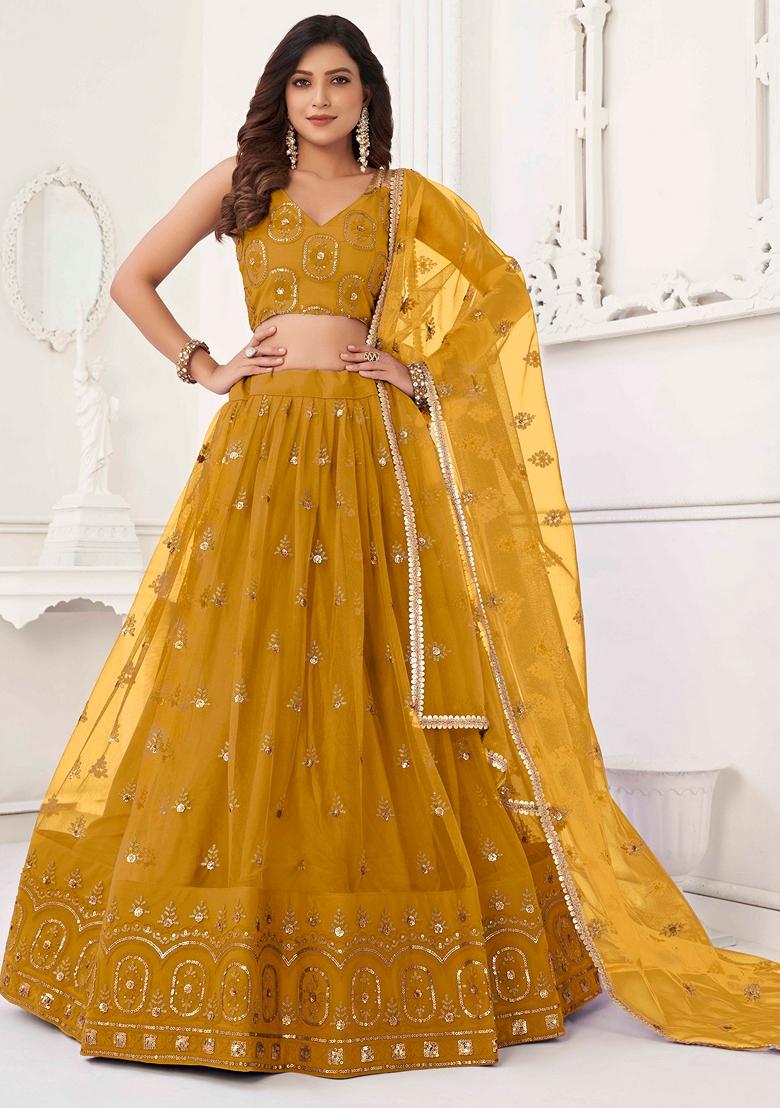 Mustard Yellow Sequin Thread Embroidered Net Lehenga Set