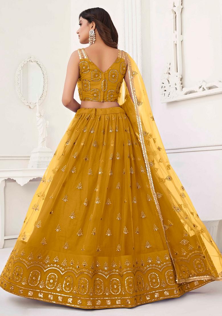 Mustard Yellow Sequin Thread Embroidered Net Lehenga Set