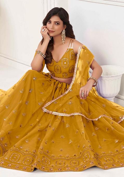 Mustard Yellow Sequin Thread Embroidered Net Lehenga Set
