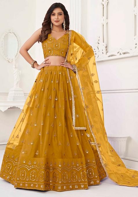 Mustard Yellow Sequin Thread Embroidered Net Lehenga Set