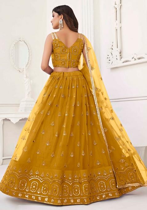 Mustard Yellow Sequin Thread Embroidered Net Lehenga Set