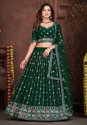 Dark Green Embroidered Georgette Lehenga Set