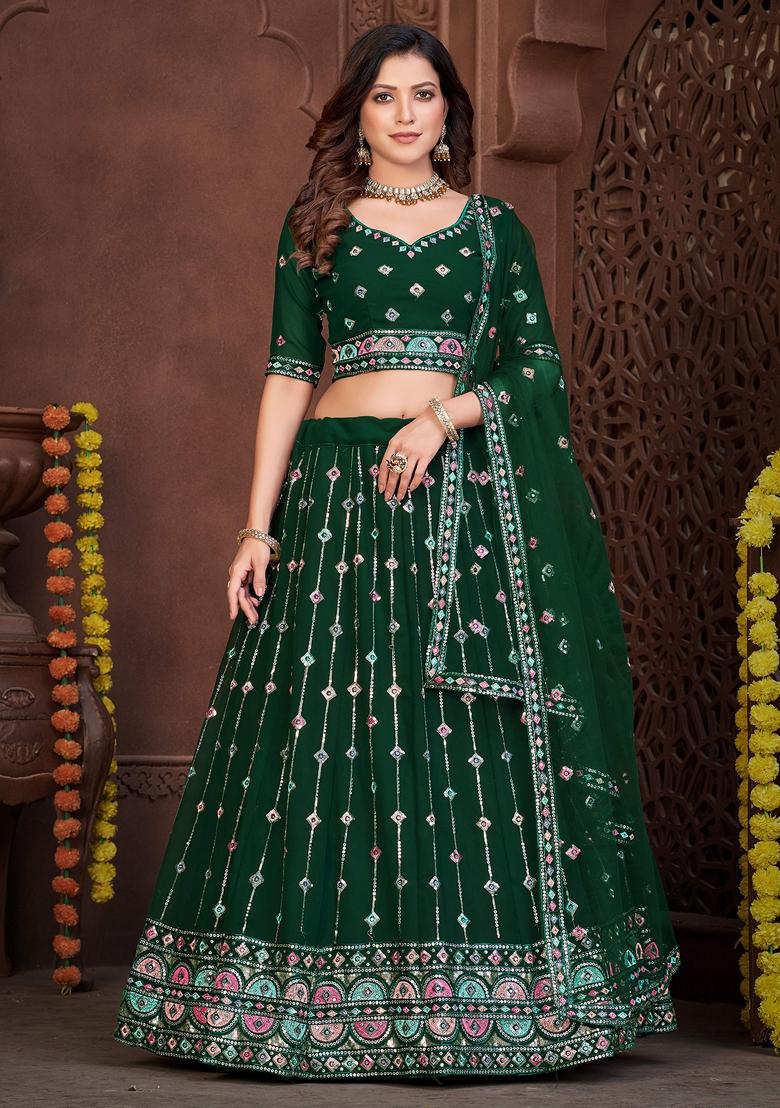 Dark Green Embroidered Georgette Lehenga Set - Indya