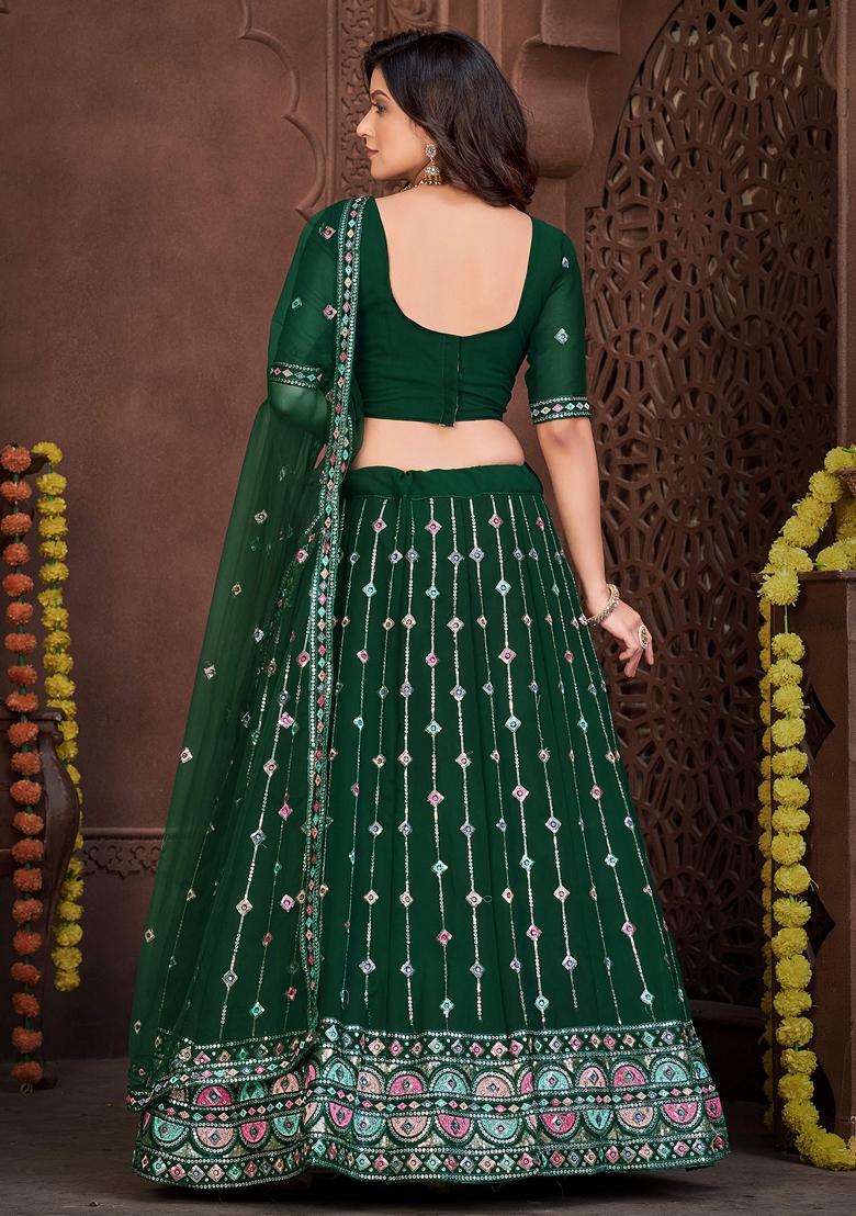 Dark Green Embroidered Georgette Lehenga Set - Indya