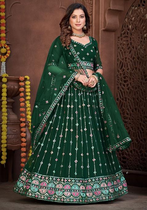 Dark Green Embroidered Georgette Lehenga Set