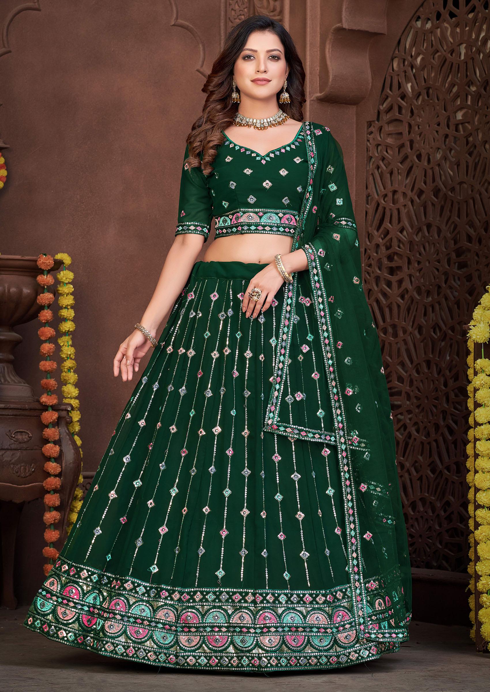 Dark Green Embroidered Georgette Lehenga Set - Indya