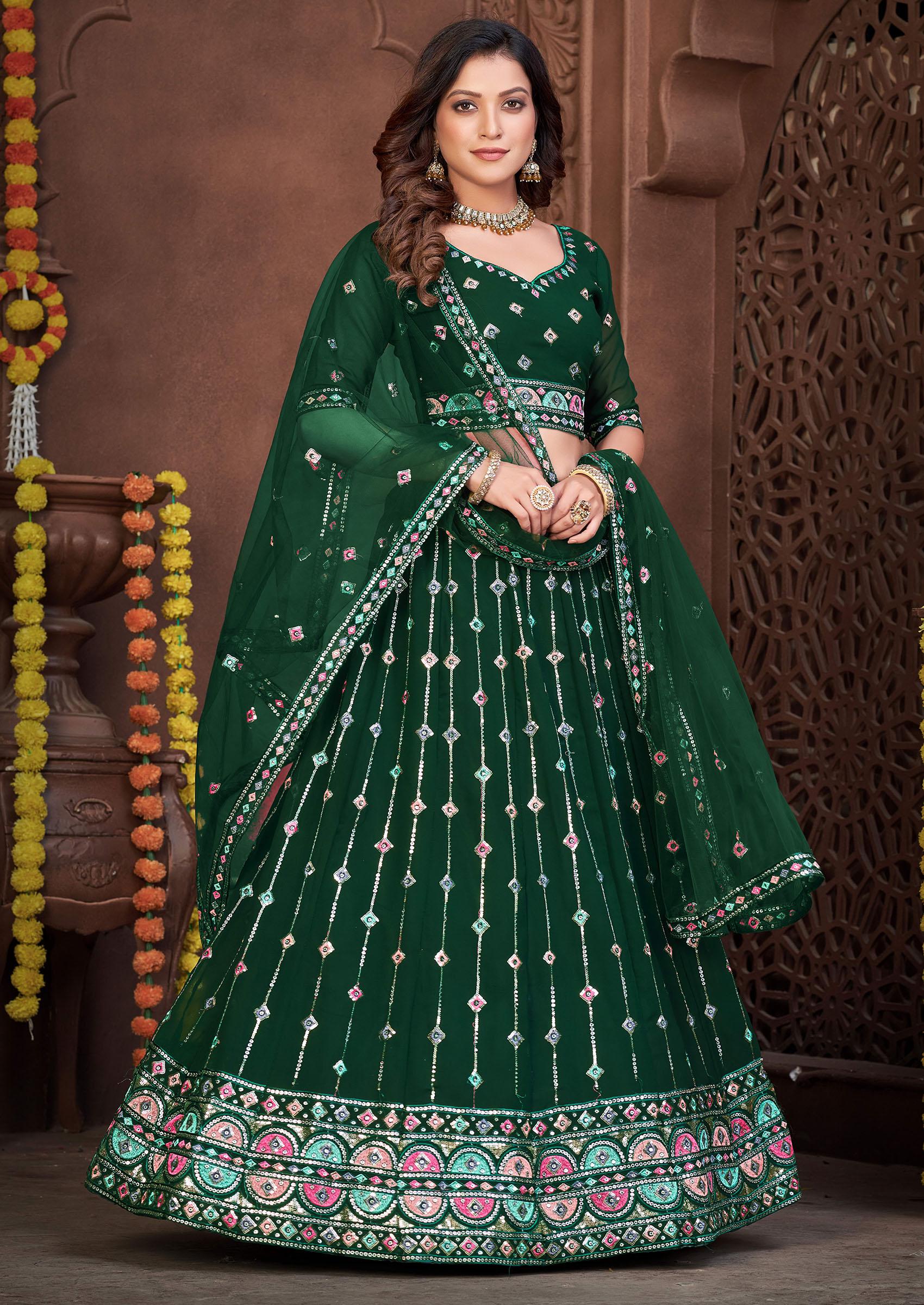 Dark Green Embroidered Georgette Lehenga Set - Indya