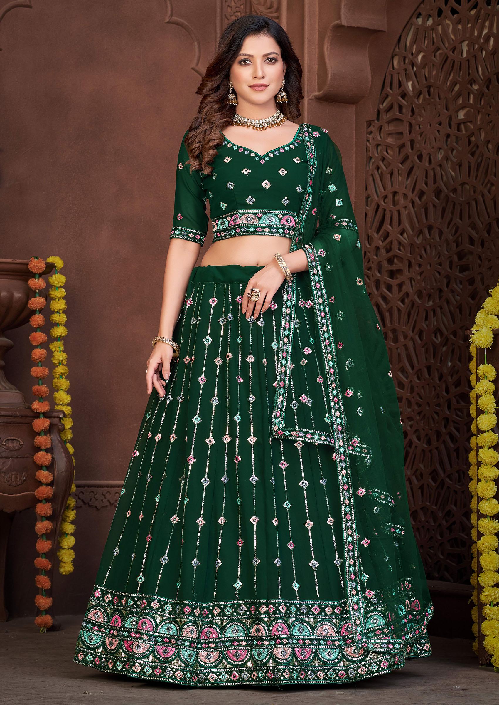 Dark Green Embroidered Georgette Lehenga Set - Indya