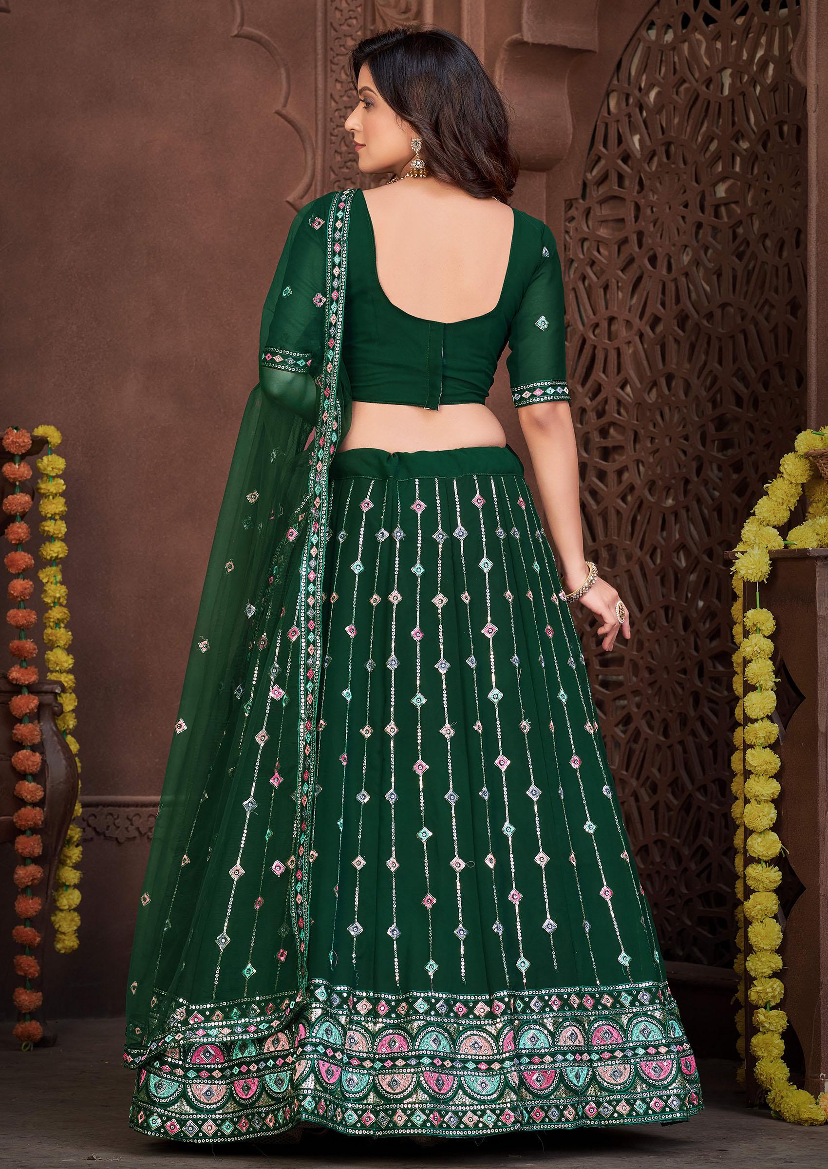 Dark Green Embroidered Georgette Lehenga Set - Indya