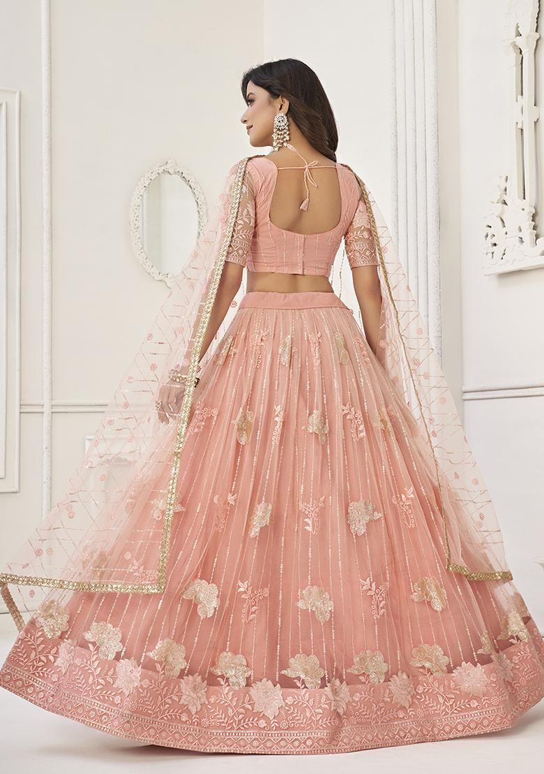 Peach Thread Sequin Embroidered Net Lehenga Set