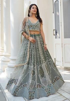 Light Green Thread Sequin Embroidered Net Lehenga Set