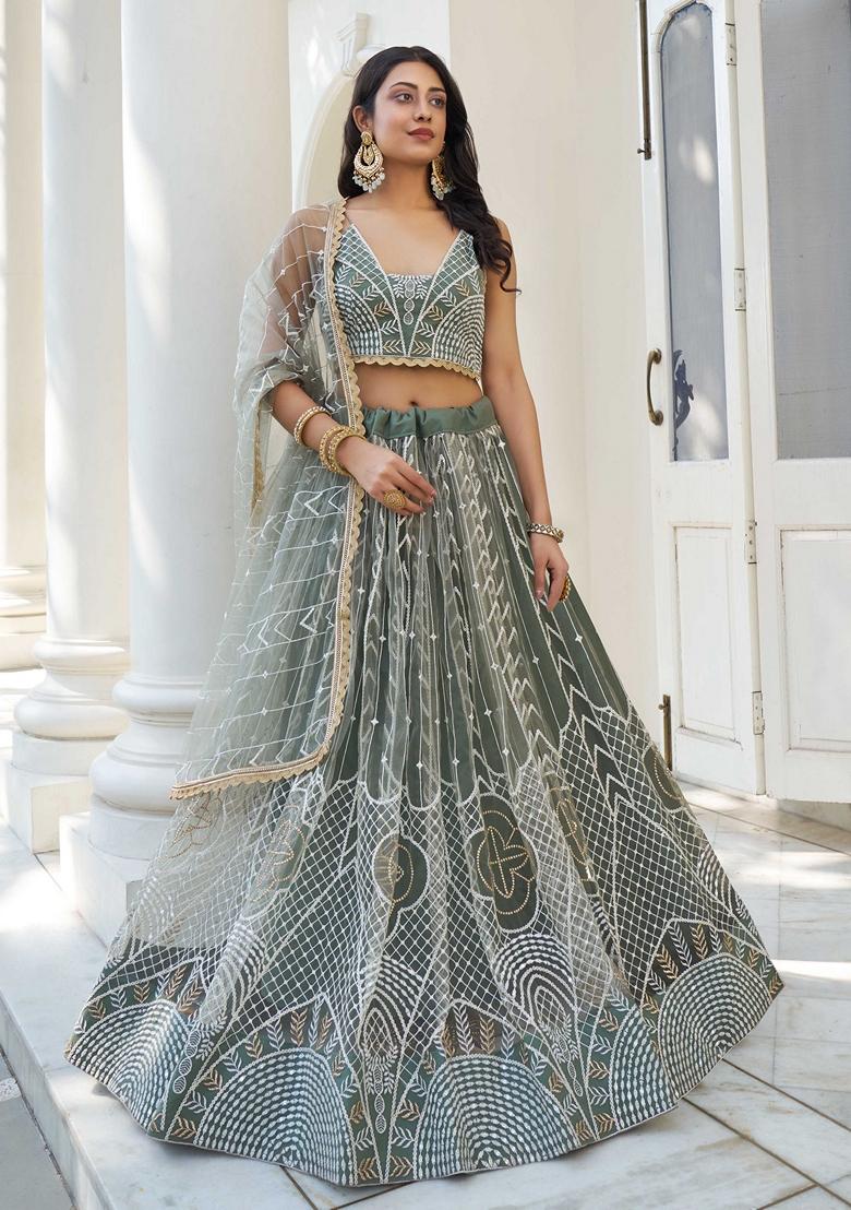 Light Green Thread Sequin Embroidered Net Lehenga Set